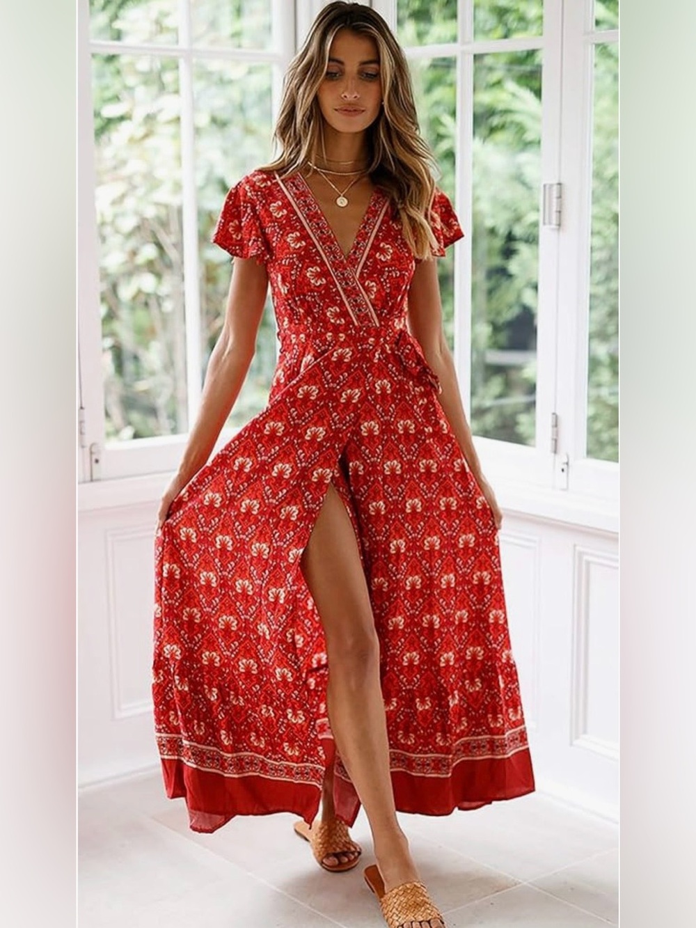 Zesica Red/Orange Floral Short Sleeve Bohemian Split Summer Flowy Maxi Dress S